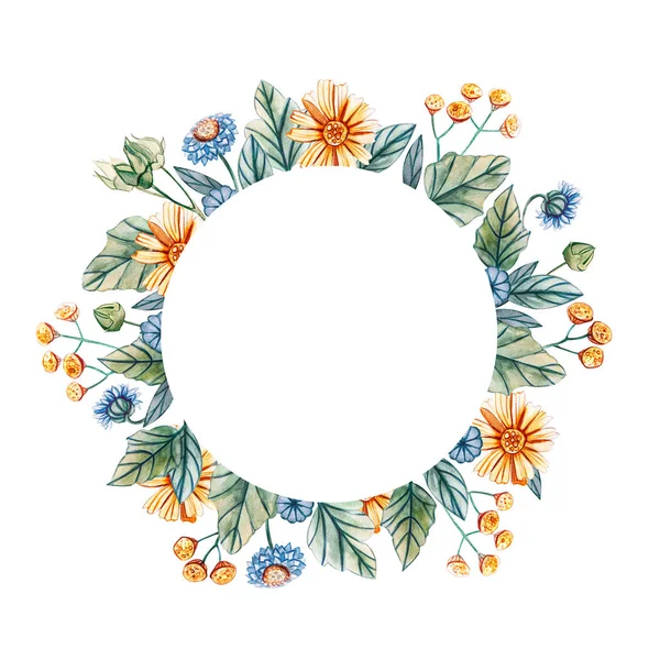 Floral round frame of watercolor wildflowers. Royalty Free Stock Images