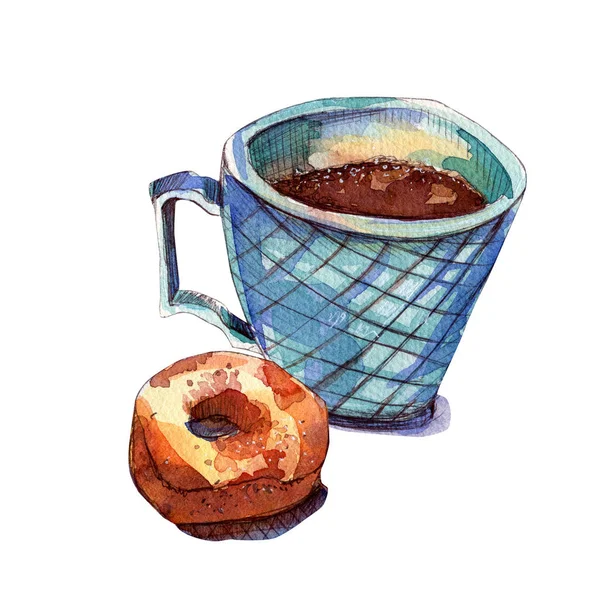 Blue mug with coffee and a donut. Royalty Free Stock Photos