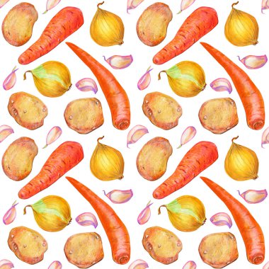 Sebzelerle kusursuz desen. Beyaz arka planda izole edilmiş, ambalaj, etiket ve reklam tasarımı için patates, havuç, soğan, domates ve sarımsak içeren besin örnekleri.