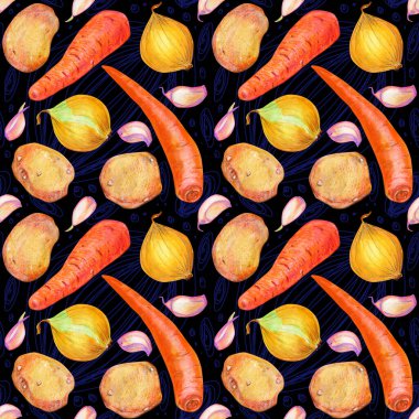 Sebzelerle kusursuz desen. Paketleme, etiket ve reklam tasarımı için patates, havuç, soğan, domates ve sarımsak içeren besin örnekleri, siyah arka planda izole edilmiş..