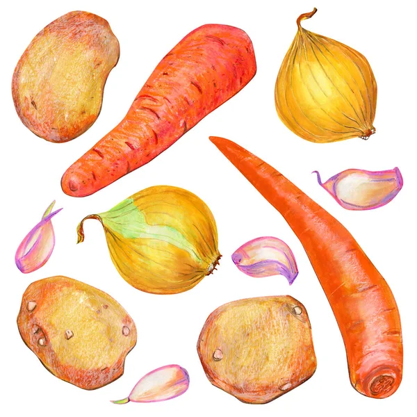 Essensillustration Mit Gemüse Kartoffeln Karotten Zwiebeln Tomaten Knoblauch Für Verpackungsdesign — Stockfoto