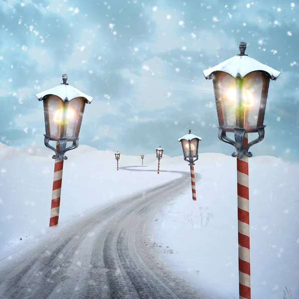 Latarnia północnego bieguna Boże Narodzenie road na śniegu — Zdjęcie stockowe