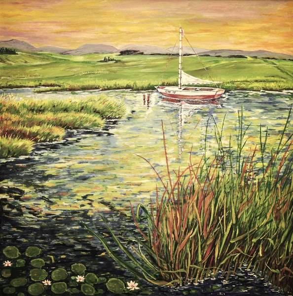 Painting lake boat pond river creek water — Stock Photo, Image