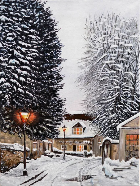 Painting art snow cold winter tree architecture built structure — Stock Photo, Image