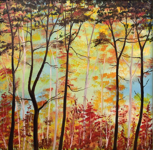 Painting forest glade river creek lake water trees — Stock Photo, Image