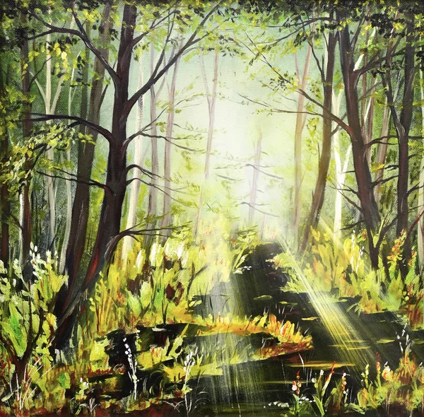Painting forest trees glade picture canvas oil acrylic sun deciduous — Stock Photo, Image