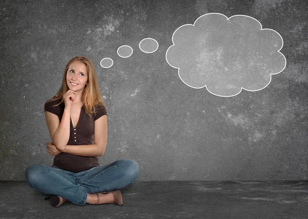 Young woman legged thinking floor idea brainstorm Stock Image