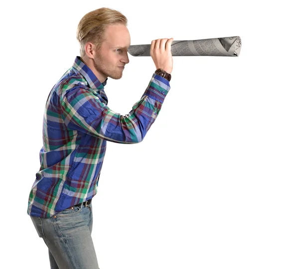 Office man acting funny looking through binocular distance — Stock Photo, Image