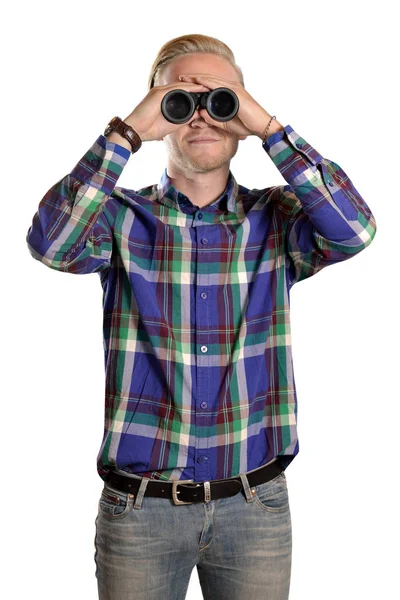 Office man acting funny looking through binocular distance — Stock Photo, Image