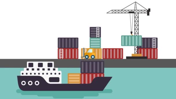 Kreslený animovaný přístav lodi, nákladu a Lift Truck - Sea - podnikání