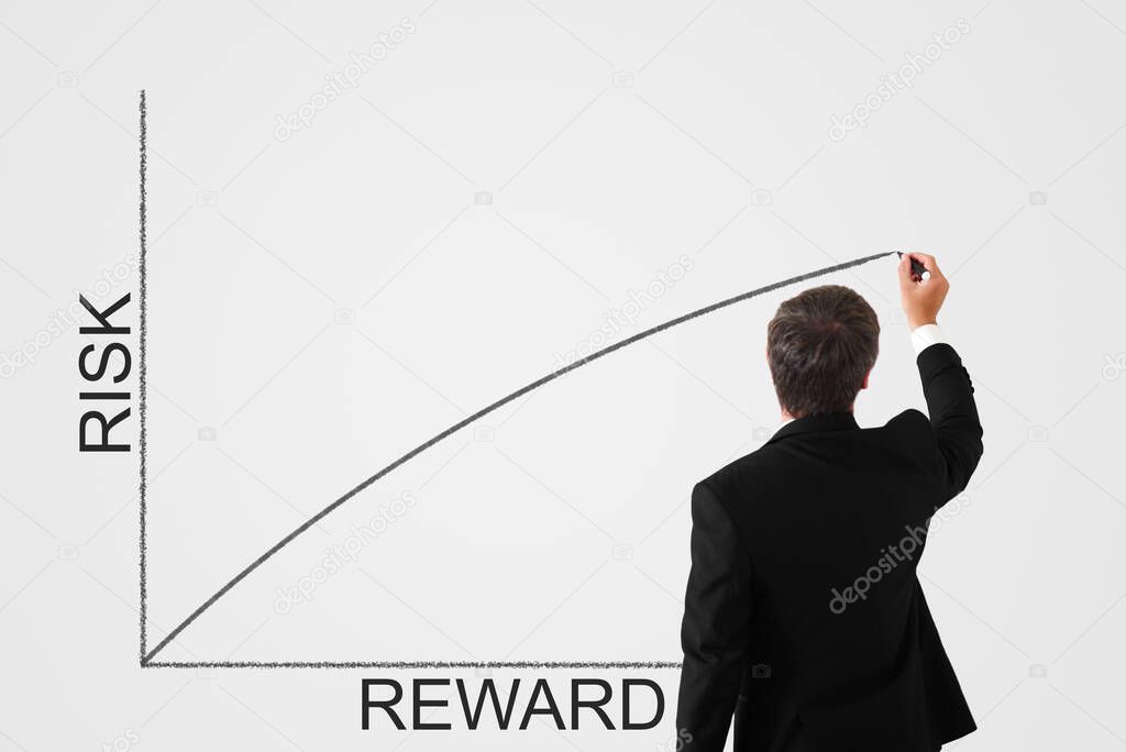 risk reward concept. man draws a chart on the wall