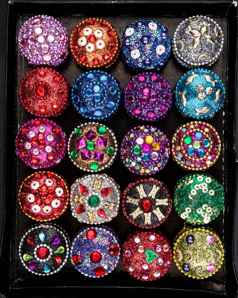 Set Small Colorful Jewellery Boxes Decorated Glitter Sequins Zircons — Stock Photo, Image