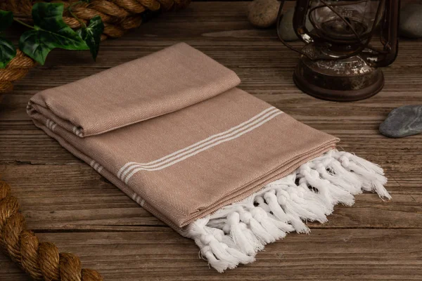 Handgeweven Hamam Turkse Katoen Handdoek Houten Achtergrond Stockfoto