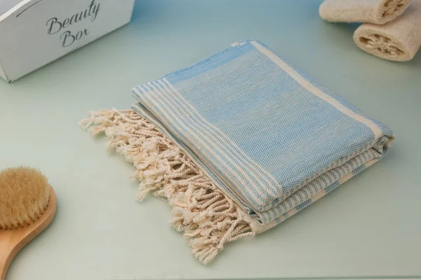 Handgeweven Hamam Turkse Katoen Handdoek Licht Blauw Matglas Achtergrond Stockfoto