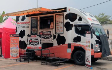 Jakarta, Indonesia - July 27, 2017: Yoshinoya food truck in Badminton Asian Junior Championship 2017 at Jaya Raya Indoor Stadium in Ciputat, South Tangerang, Banten.