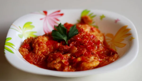 Spiegelei Mit Chilisoße Scharfe Speisen Aus Indonesien — Stockfoto