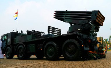 Jakarta, Indonesia - September 27, 2018: RM 70 Vampire, multiple rocket launcher made in Czechoslovakian, at  the Indonesian Army primary weapons defense system's exhibition at the National Monument. clipart
