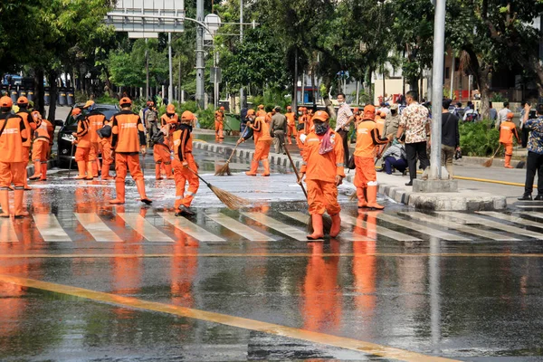 Jakarta Indonesien Maj 2019 Officerare Rensade Jalan Thamrin Efter Jakarta — Stockfoto