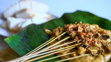 Sate Padang veya Padang Satay ve ketupat (geleneksel pirinç kek) muz yaprağı üzerinde. 
