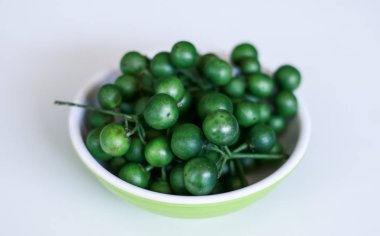 Beyaz arka planda Leunca veya Solanum nigrum. 