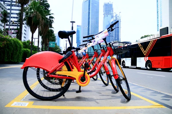 Jakarta Indonesië Oktober 2020 Een Rij Gowes Fietsen Fietsverhuur Zien — Stockfoto