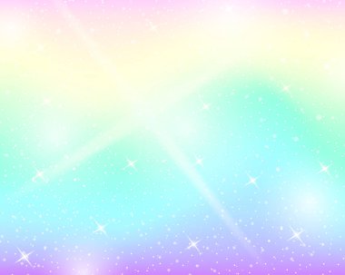 Tek boynuzlu at rainbow arka plan. Pastel renk holografik gökyüzünde. Parlak deniz kızı Prenses renklerde desen. Vektör çizim. Gökkuşağı Fileli fantezi degrade renkli zemin.