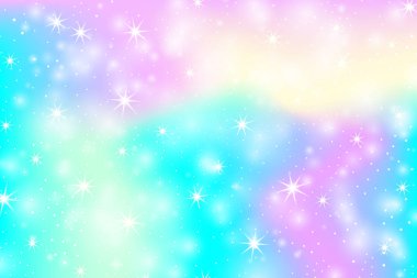 Tek boynuzlu at rainbow arka plan. Pastel renk holografik gökyüzünde. Parlak deniz kızı Prenses renklerde desen. Vektör çizim. Gökkuşağı Fileli fantezi degrade renkli zemin.