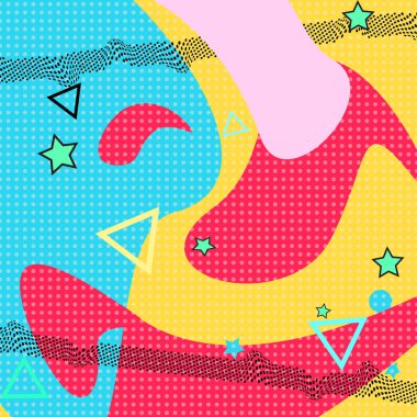 Pop art renk arka plan. Memphis desen doku ve kartpostal için geometrik şekiller. Vektör çizim. Hippi tarzı 80s 90s. Renkli funky arka plan.