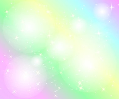 Tek boynuzlu at rainbow arka plan. Pastel renk holografik gökyüzünde. Parlak deniz kızı Prenses renklerde desen. Vektör çizim. Gökkuşağı Fileli fantezi degrade renkli zemin.