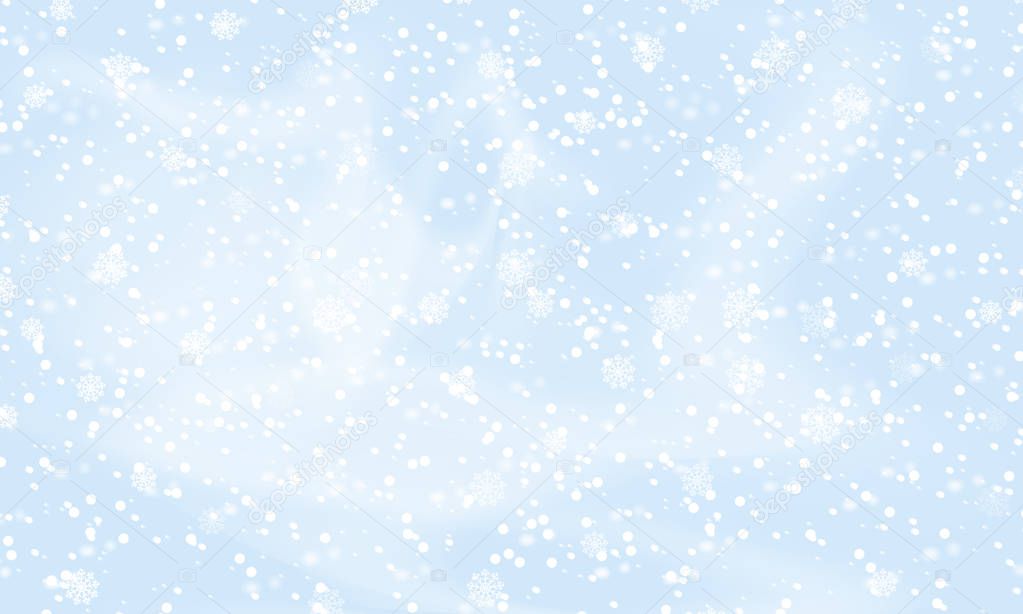 Falling snow background. Holiday landscape with snowfall. Vector illustration. Winter snowing sky. Eps 10.