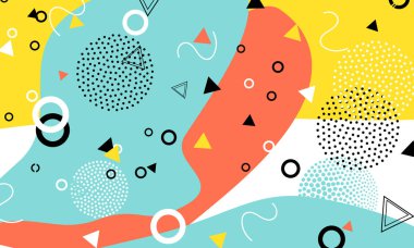 Pop art renk arka plan. Memphis desen doku ve kartpostal için geometrik şekiller. Vektör çizim. Hippi tarzı 80s 90s. Renkli funky arka plan.