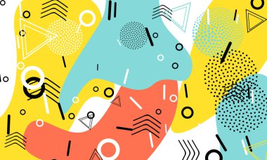 Pop art renk arka plan. Memphis desen doku ve kartpostal için geometrik şekiller. Vektör çizim. Hippi tarzı 80s 90s. Renkli funky arka plan.