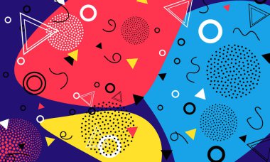 Pop art renk arka plan. Memphis desen doku ve kartpostal için geometrik şekiller. Vektör çizim. Hippi tarzı 80s 90s. Renkli funky arka plan.