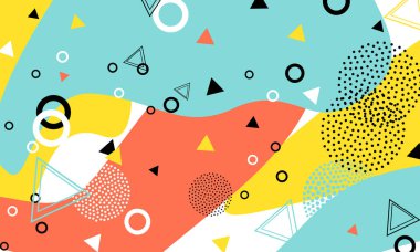 Pop art renk arka plan. Memphis desen doku ve kartpostal için geometrik şekiller. Vektör çizim. Hippi tarzı 80s 90s. Renkli funky arka plan.