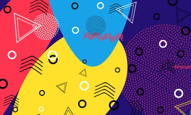 Pop art renk arka plan. Memphis desen doku ve kartpostal için geometrik şekiller. Vektör çizim. Hippi tarzı 80s 90s. Renkli funky arka plan.