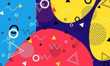 Pop art renk arka plan. Memphis desen doku ve kartpostal için geometrik şekiller. Vektör çizim. Hippi tarzı 80s 90s. Renkli funky arka plan.