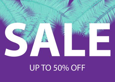 Satışı büyük başlığı ile palmiye yaprakları. Çiçek tropikal tatil arka plan. Vektör çizim. Sıcak yaz satış tasarlayın. EPS 10.