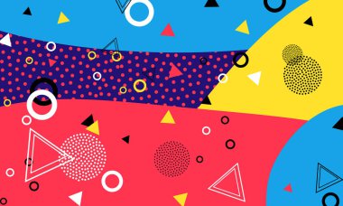 Pop art renk arka plan. Memphis desen doku ve kartpostal için geometrik şekiller. Vektör çizim. Hippi tarzı 80s 90s. Renkli funky arka plan.