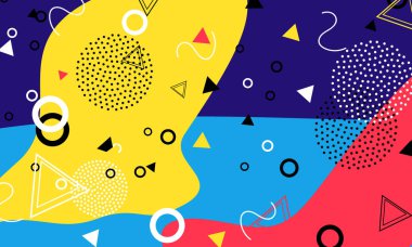 Pop art renk arka plan. Memphis desen doku ve kartpostal için geometrik şekiller. Vektör çizim. Hippi tarzı 80s 90s. Renkli funky arka plan.