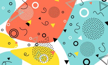 Pop art renk arka plan. Memphis desen doku ve kartpostal için geometrik şekiller. Vektör çizim. Hippi tarzı 80s 90s. Renkli funky arka plan.