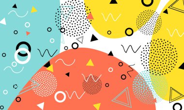 Pop art renk arka plan. Memphis desen doku ve kartpostal için geometrik şekiller. Vektör çizim. Hippi tarzı 80s 90s. Renkli funky arka plan.