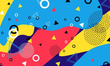 Pop art renk arka plan. Memphis desen doku ve kartpostal için geometrik şekiller. Vektör çizim. Hippi tarzı 80s 90s. Renkli funky arka plan.