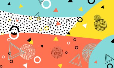 Pop art renk arka plan. Memphis desen doku ve kartpostal için geometrik şekiller. Vektör çizim. Hippi tarzı 80s 90s. Renkli funky arka plan.