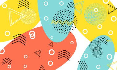 Pop art renk arka plan. Memphis desen doku ve kartpostal için geometrik şekiller. Vektör çizim. Hippi tarzı 80s 90s. Renkli funky arka plan.