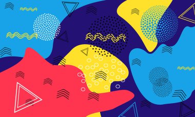 Pop art renk arka plan. Memphis desen doku ve kartpostal için geometrik şekiller. Vektör çizim. Hippi tarzı 80s 90s. Renkli funky arka plan.