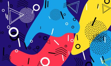 Pop art renk arka plan. Memphis desen doku ve kartpostal için geometrik şekiller. Vektör çizim. Hippi tarzı 80s 90s. Renkli funky arka plan.