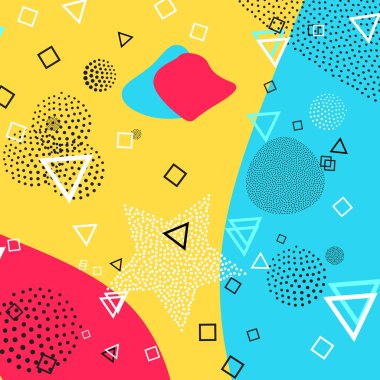 Memphis desen doku ve kartpostal için geometrik şekiller. Vektör çizim. Hippi tarzı. Renkli funky arka plan.