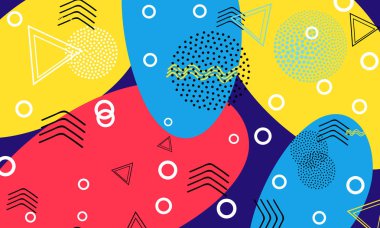 Pop art renk arka plan. Memphis desen doku ve kartpostal için geometrik şekiller. Vektör çizim. Hippi tarzı 80s 90s. Renkli funky arka plan.