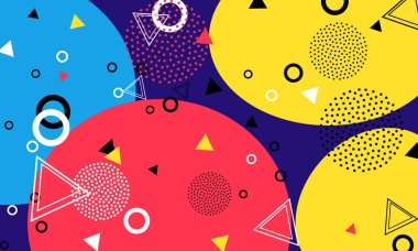 Pop art renk arka plan. Memphis desen doku ve kartpostal için geometrik şekiller. Vektör çizim. Hippi tarzı 80s 90s. Renkli funky arka plan.