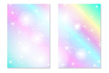 Tek boynuzlu at rainbow arka plan. Pastel renk holografik gökyüzünde. Parlak hologram deniz kızı Prenses renklerde desen. Vektör çizim. Tek boynuzlu at fantezi degrade renkli zemin gökkuşağı ile mesh.